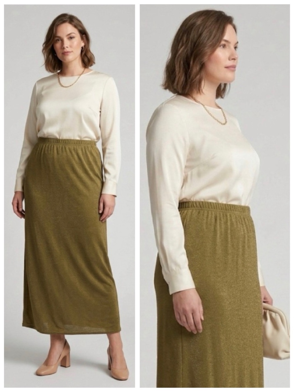 Vintage Kathie Lee Woman Olive Green Iridescent Shimmer Maxi Skirt